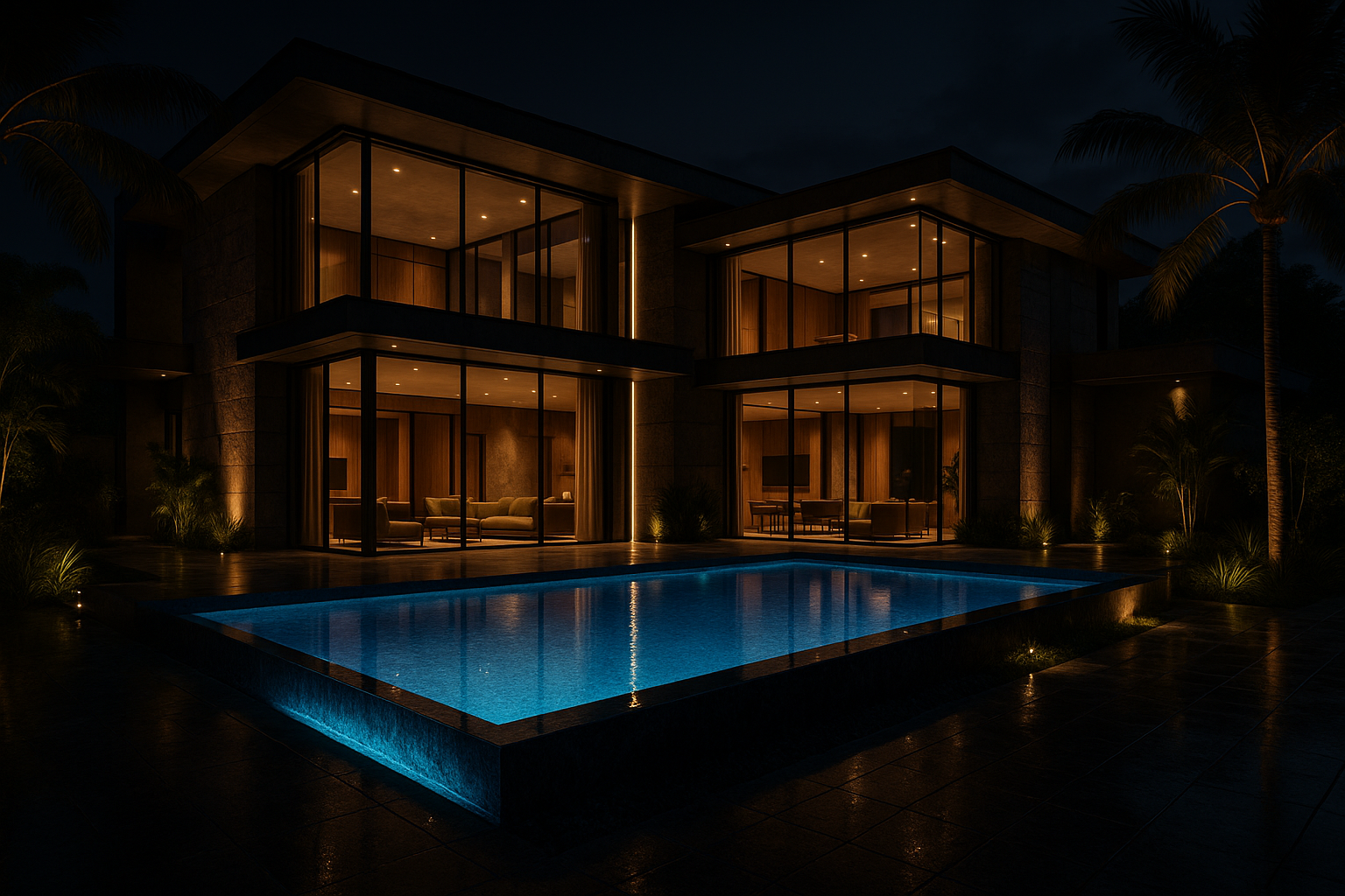 3D visualization of a luxury villa exterior with pool, night lighting, glass walls, and architectural elegance.