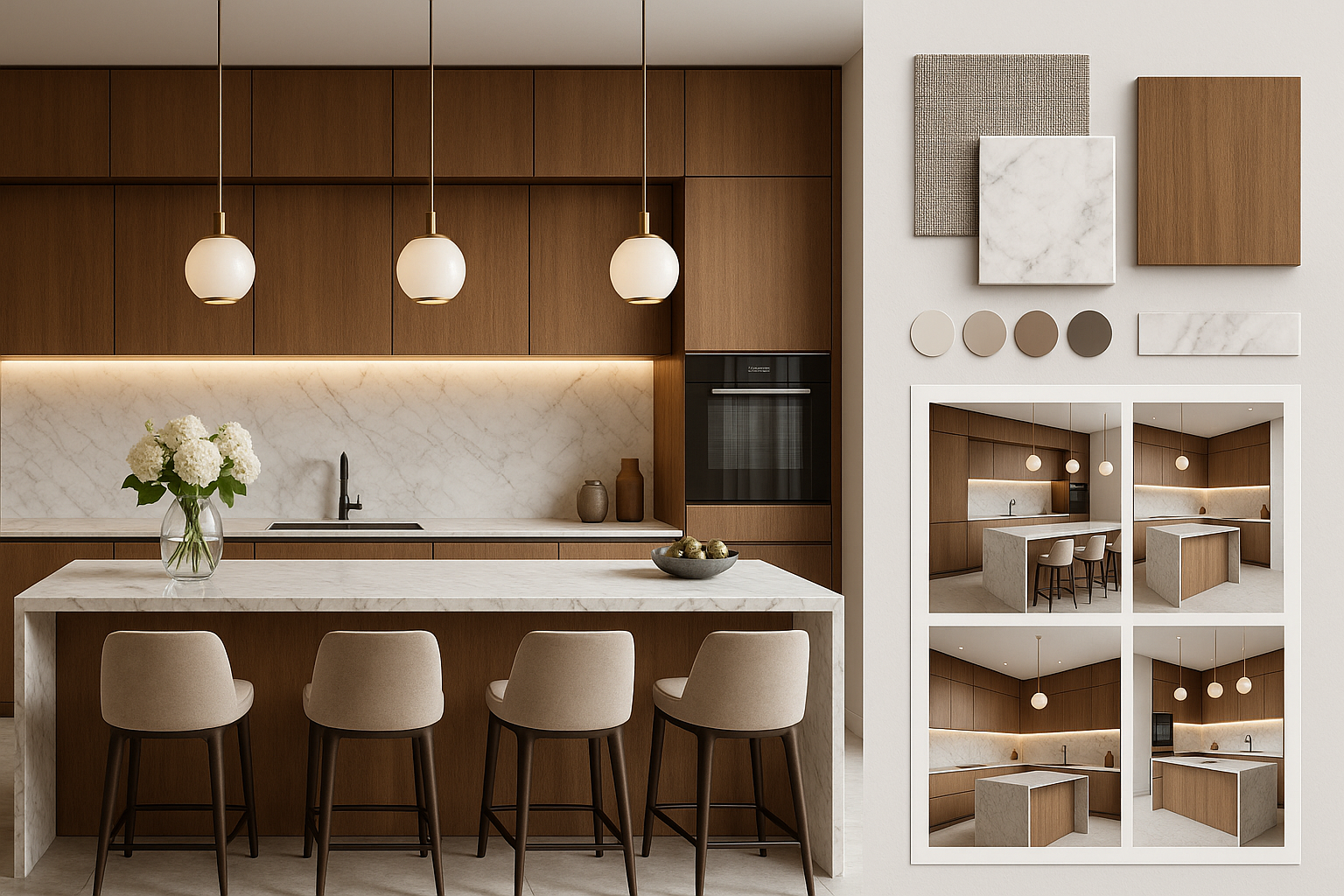 A premium luxury kitchen interior design concept. A modern open kitchen with marble countertops, elegant cabinets, warm lighting, and stylish decor elements. On the side of the image, mood boards, material samples, and 3D render previews are shown as part of a design package. Ultra realistic 4K render, professional architectural visualization, minimalist and elegant atmosphere.