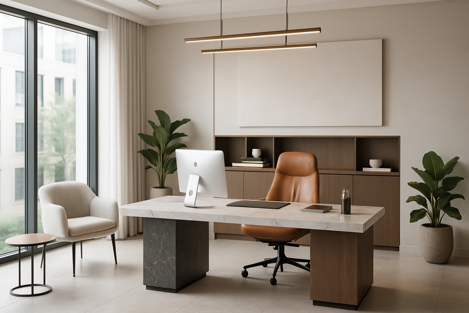 Contemporary office interior, stylish workspace, luxury design with soft natural light, modern furniture.