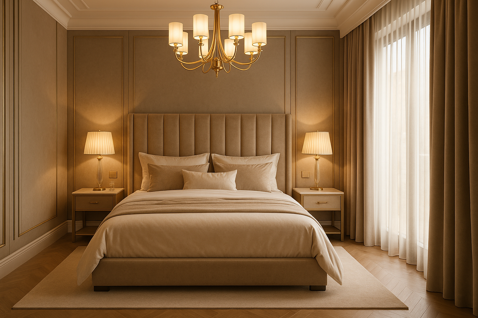 Luxury bedroom design, king size bed with beige velvet headboard, warm neutral colors, golden details, elegant chandelier, floor to ceiling windows with curtains, cozy and sophisticated atmosphere, 8K photorealistic render --ar 16:9 --q 2 --v 6
