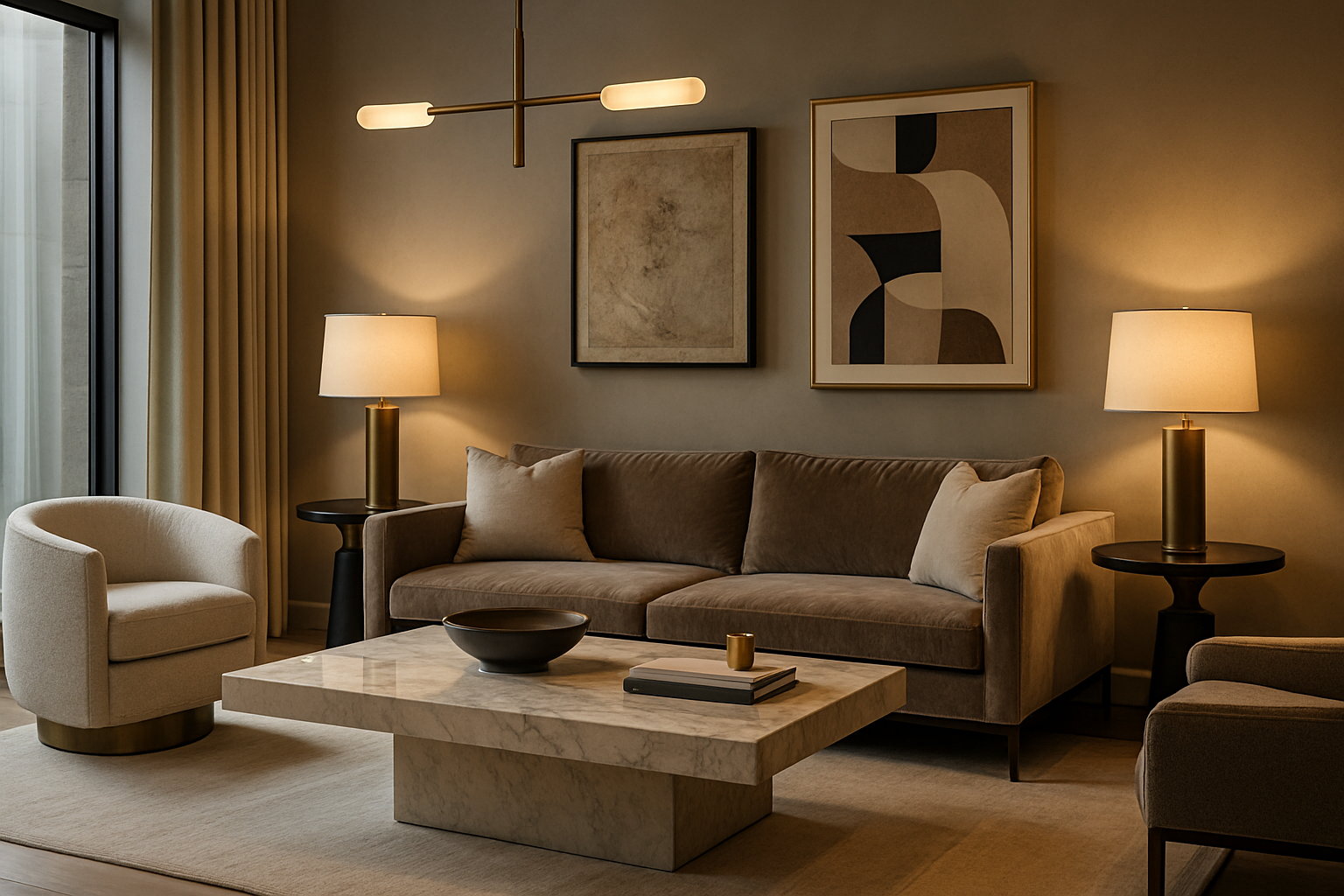 Luxury modern living room interior with elegant furniture, warm lighting, marble details, and artistic atmosphere. Perfect for interior design studio showcase.