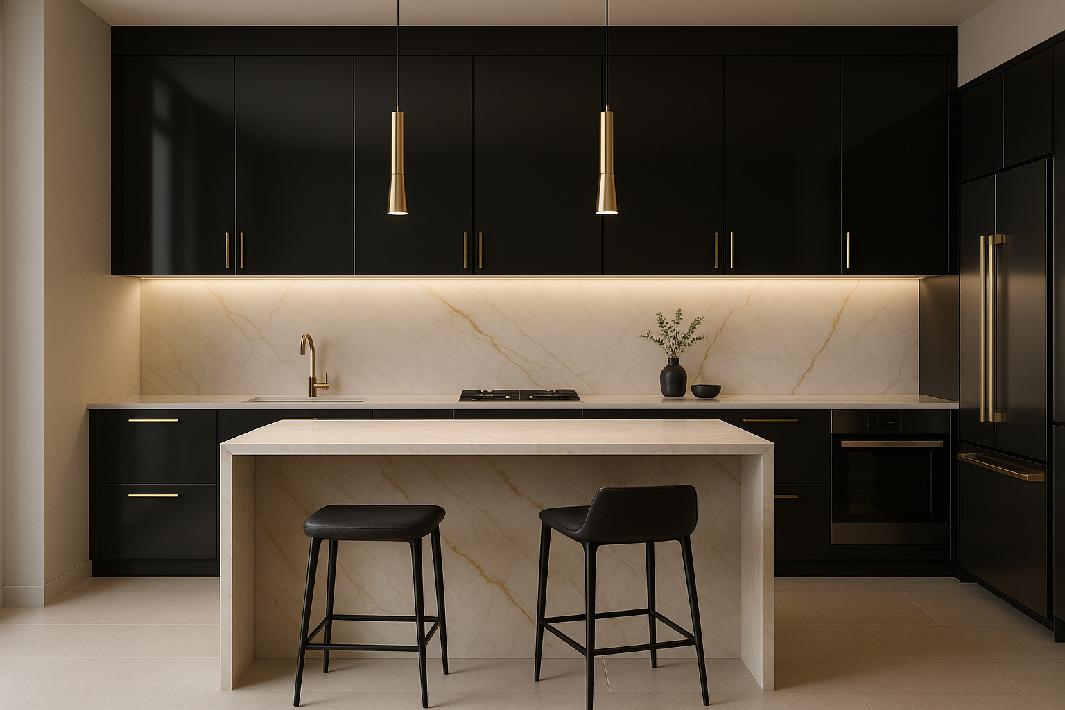 Minimalist luxury kitchen interior, black and gold accents, sleek furniture, modern 3D visualization style.

Contemporary office interior, stylish workspace, luxury design with soft natural light, modern furniture.