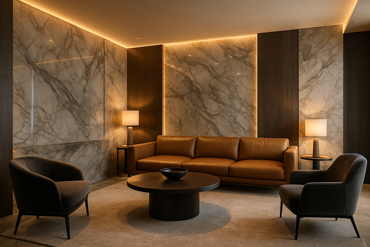 modern luxury living room, marble finishes, ambient warm lighting, premium furniture, elegant interior design, ultra realistic
