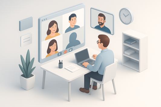 “modern online meeting consultation, minimalist design, 3D style illustration”).