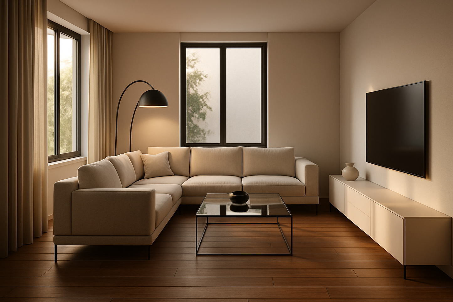photorealistic 3D render of a modern living room interior, warm lighting, elegant furniture, minimalistic style, ultra realistic
