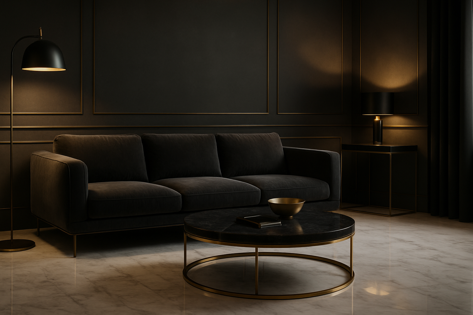 Ultra realistic luxury living room interior, white marble floor, matte black and gold accents, velvet sofa, soft ambient lighting, minimalistic yet elegant, cinematic 8K render --ar 16:9 --q 2 --v 6
